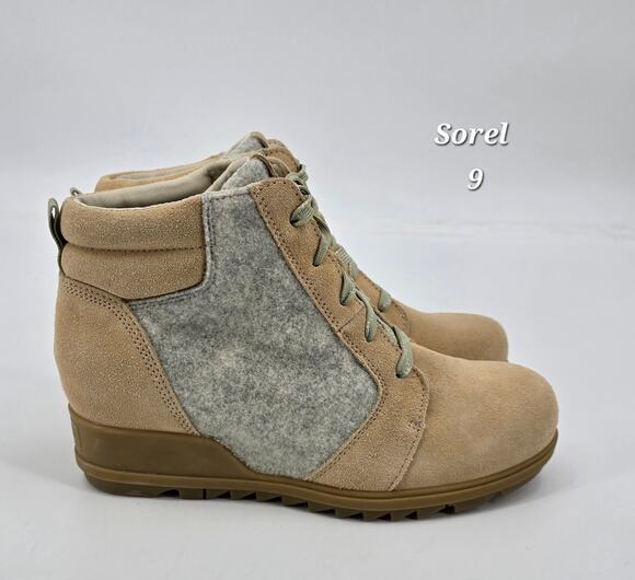 Sorel Shoes - Sorel Evie Ankle Lace Bootie | Tan Suede & Grey Felt | Women’s 9